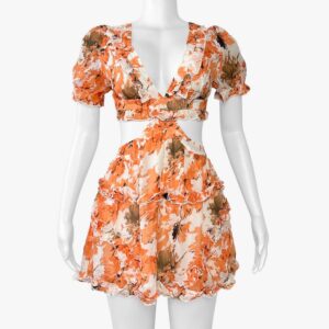 Orange Floral Ruffle Cut-Out Mini Dress