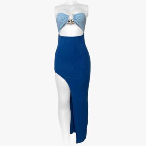 Blue Two-Tone Ribbed Bodycon Dress - Strapless One-Piece Cut-Out Slit Dress for Women