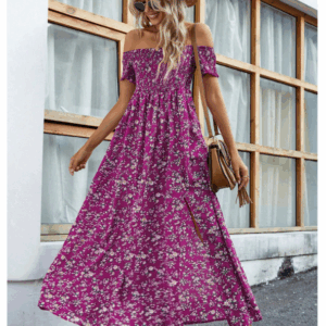 Short Sleeve Off-Shoulder Ditsy Floral Slit Summer Dress Maxi Vacation Beach Outfits Women