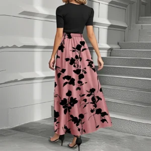 Floral Print Tie Waist Long T-Shirt Dress Elegant Office Attire