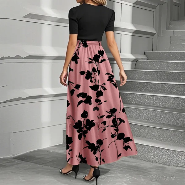 Floral Print Tie Waist Long T-Shirt Dress Elegant Office Attire